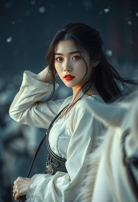 DLSR photograph, slender, beautiful extremely sexy 26 year old korean model . Pale skin, 
lighting<lora:MoriiMee_Gothic_Niji_Style_FLUX:0.3500000000000001> <lora:AsirAsianPhotographyflux:0.7000000000000002>
 (score_9, score_8_up, score_7_up), white theme, masterwork, masterpiece, best quality, dynamic pose, dynamic angle, (realistic:1.4), (lineless:1.2), detailed, <lora:Detailer_NoobAI_Incrs_v1:0.75>, , aged up, adult, depth of field, blurry, cheekbones, dynamic lighting, high detail, 8k  girl, kawai girl,Expressiveh, good_hands, best quality,mature woman,              ,score_9_up, score_8_up, score_7_up, ,score_6_up,standing,elsa, posing with hands in hair, looking at viewer, pale milky skin, snowing, sultry smile
Off-centre composition,of A extremly fully detailed of a Korean girl mounted upon her white war horse,half battle armour background a army of 50000 soldiers in the far ,bright colours,light and shadows,highly detailed,high budget, bokeh, cinemascope, moody, epic, gorgeous, Hyperrealistic 24k uhd