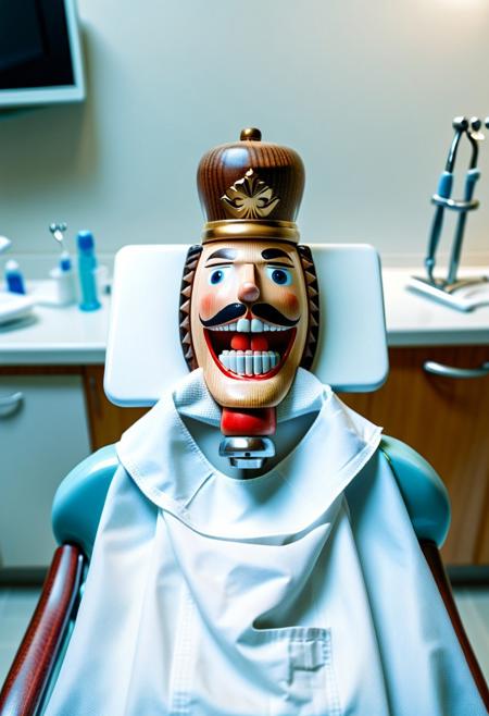 Realistic photo, ultra-realistic photo, RAW photo, high res., high quality, masterpiece, high angle, view from above, photo of a wooden nutcracker, at the dentist, he is lying in a white dentist's chair with a white bib around his neck, mouth wide open, next to him is a trolley with dentist's tools, a dentist in a white coat is treating his teeth, intricate details, super-detailer-bsy, detailifier, mugshot background, mugshot wall, mugshot style
