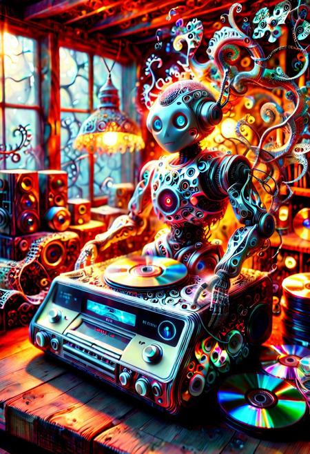 auralora, Fractangles, ral-frctlgmtry, fractal-flame, fractalex, fractalvines, PG-TR. A nostalgic scene: A (vintage CD player, robot:1.5) sits atop a dusty wooden shelf, glowing from inside, motionblur, surrounded by stacks of worn-out jewel cases, each containing a prized collection of CDs. The warm glow of a retro lamp made from fractal vines casts a soft light on the cluttered space, as if illuminating the memories of a bygone era. In the foreground covered in fractal vines, a few select CDs are arranged in a deliberate pattern made of cd's made out of fractangles, like a fractal, symbolizing the beauty and complexity of the music that once filled these discs.