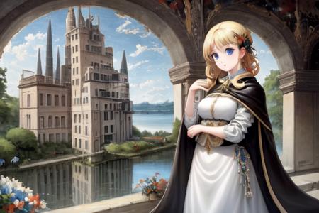 at historical castle; solo, waifu with blonde hair, blue eyes, white dress and black cape; exceptional, best aesthetic, new, newest, anime, masterpiece, best quality, ultra detailed; correct anatomy, golden ratio, perspective; painting by John William Waterhouse