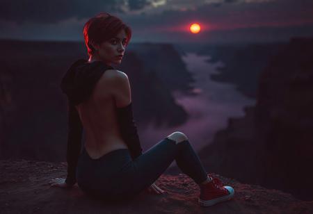 professional photography, perfect timing, perfect quality, 16k, very detailed, highly detailed, realistic,  dark theme, photorealistic, scinematic, Volumetric lighting, depth of field, cinematic, vibrant, dynamic dark lighting, Atmospheric effects, bokeh, dark, low-key, 
a slim woman, on the ground, silhouette, muscle body, tight body, tight ass, tight legs, short red hair, nail_polish, red sneakers, black hoody, blue torn leggings, yellow eyes, dreaming look, light tan, silhouette, showing back, on the ground, on a mountain, dark red evening, red glowing fog in the canyon, cliff, red dim glowing sun, some small fine dark clouds, mountain,