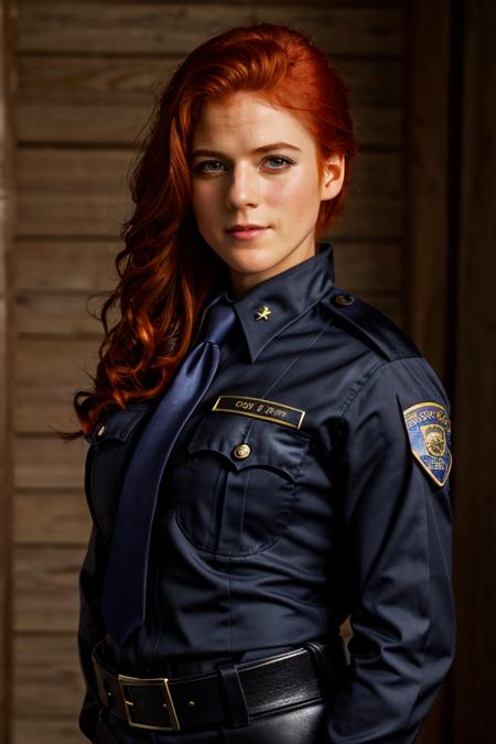 police officer costume ,  orchard , dusk <lora:Rose_Leslie:1> masterpiece, best quality, detailed face, a mature r1873l, 1girl, solo, red hair,