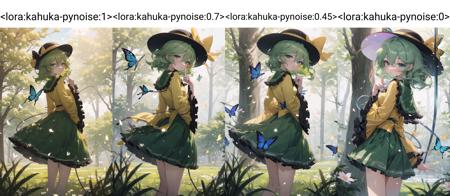 kahuka1, komeiji koishi, solo, bug, hat, butterfly, yellow shirt, green skirt, long sleeves, black headwear, looking at viewer, third eye, green hair, bow, shirt, looking back, skirt, hat bow, long hair, index finger raised, parted lips, yellow bow, finger to mouth, wide sleeves, bangs, frilled sleeves, outdoors, from behind, light rays, frills, flower, sunlight, grass, hand up, blue butterfly, green eyes, blue eyes, ribbon, frilled shirt collar, light particles, petals, hair between eyes, nature, medium hair, hat ribbon, standing, black bow, tree
 <lora:kahuka-pynoise:1>