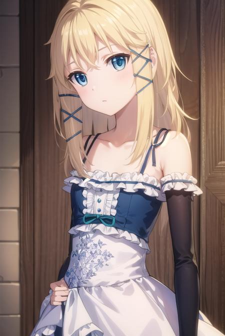 tina sprout, long hair, blonde hair, hair ornament, blue eyes, gloves, dress, bare shoulders, frills, black gloves, elbow gloves, blue dress, frilled dress,