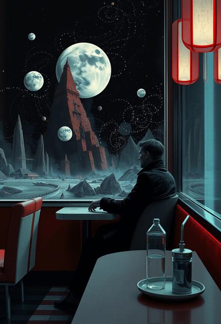 A mysterious figure sitting in a 1950s diner, but outside the window, the world is an abstract cosmic swirl of impossible shapes,
hyper-realistic surrealism, geometric retro-futurism, dark yet playful atmosphere, sharp clean lines with painterly textures, bold cinematic color palette, eerie psychological depth, stylized layered compositions, surreal dreamscape with unnatural details, intricate figures against bold graphic shapes