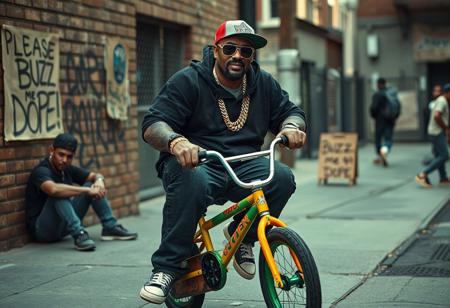 “Create a highly detailed, realistic photographic image captured with an aspherical Panavision 105mm lens effect. The scene features a big, heavyset rapper with a bold hip-hop style, inspired by Snoop Dogg and 50 Cent, riding a small, colorful young boy’s bicycle. The rapper has short, platinum blonde hair, adding a unique edge to his look. He wears large gold chains with diamond accents, oversized sunglasses, and a fitted cap turned slightly to the side. His outfit includes a baggy hoodie, jeans, and classic sneakers, with visible tattoos on his forearms. His expression is cool and confident, capturing classic hip-hop swagger. Nearby, a man sits on the sidewalk, casually smoking crack, adding to the gritty atmosphere of the scene. A cardboard sign on the wall reads, ‘Please BUZZ me 4 dope,’ enhancing the urban vibe. In the background, set in the Bronx, is a gritty urban environment with graffiti-covered walls and a hint of street activity, including someone discreetly smuggling a small, suspicious package. The scene combines realism with a dramatic urban vibe, highlighting hip-hop culture and the street’s raw atmosphere.”