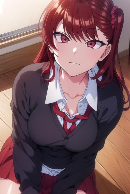 izuminogami, <lyco:izuminogami-lyco-nochekaiser:1>, 
izumi nogami, red hair, one side up, medium hair, scrunchie, (red eyes:1.5),
BREAK skirt, school uniform, pleated skirt, shoes, socks, cardigan, brown cardigan,
BREAK looking at viewer,
BREAK indoors, classroom,
BREAK <lora:GoodHands-vanilla:1>, (masterpiece:1.2), best quality, high resolution, unity 8k wallpaper, (illustration:0.8), (beautiful detailed eyes:1.6), extremely detailed face, perfect lighting, extremely detailed CG, (perfect hands, perfect anatomy),