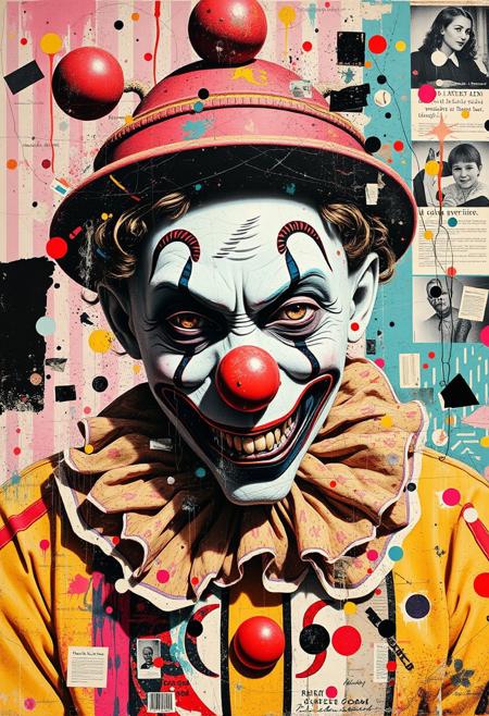 Outsider art. A surreal and deconstructed boldly coloured mixed-media collage in the style of Jacques Prévert with an urgent sense of chaos and energy. An analogue collage artwork blending fragmented styles, layers and textures. 
A pastel-coloured risograph print of a sinister 1920s American travelling carnival clown.
Layered over this obscuring the image are multiple fragmented and overlapping layers of chaotic thick paint, splatters of paint, palette knife oil paint, handwritten scrawled text messages, torn photographs and broken distorted vintage photographs filling the canvas. Layers of repetition of brightly coloured dots in Yayoi Kusama style. Fragmented scribbles and abstract graffiti images in Jean-Michel Basquiat style over the top. The overall effect is manic and anarchic with an urgent sense of energy.