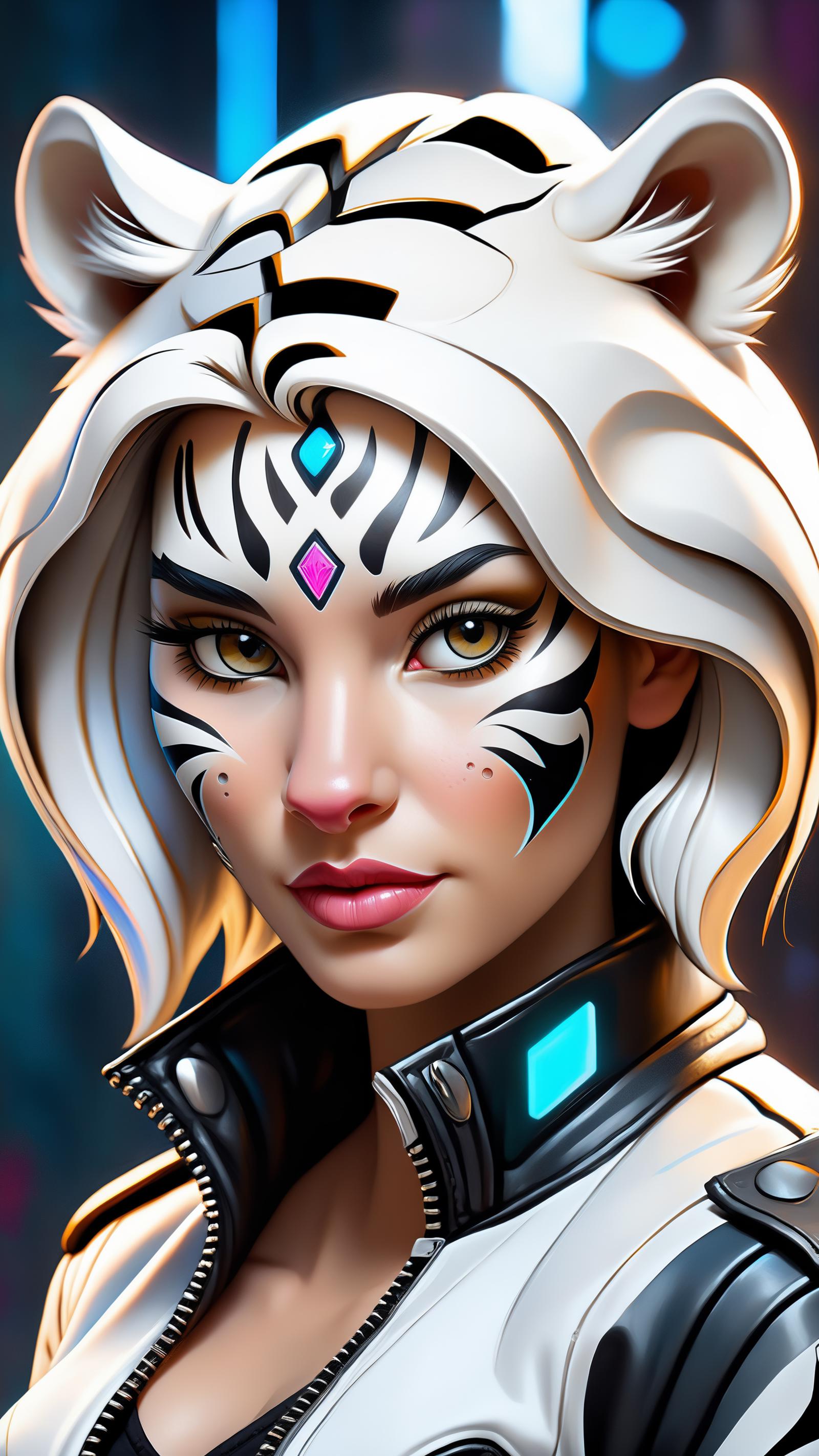 A 3D animated woman with white hair, tiger face paint, and blue accessories.