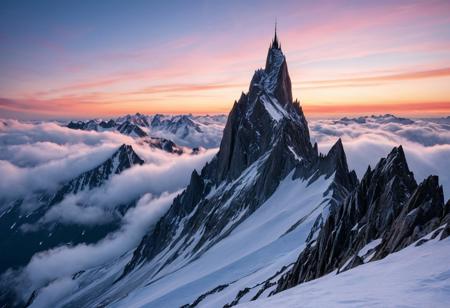 A cinematic wide shot photography of the view On a jagged peak surrounded by a sea of swirling clouds where sharp stone spires pierce the sky. At winter dawn, rosy light glints on frost-coated flakes, each breath hisses in frozen air, and the summit lies silent under fresh snow, masterpiece, best quality, amazing quality, very aesthetic, high resolution, ultra-detailed, absurdres, scenery, film grain, HDR, 8K, high contrast, realistic, cosplay, muted lithing, sharp focus, (chromatic aberration), fine details