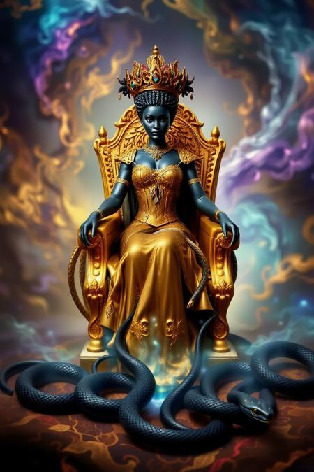 pin cushion queen on a golden throne with black metal snakes at her feet. The background dissolves into a dreamlike landscape of swirling colors and abstract shapes, creating an atmosphere of mystical connection and hypnotic beauty.