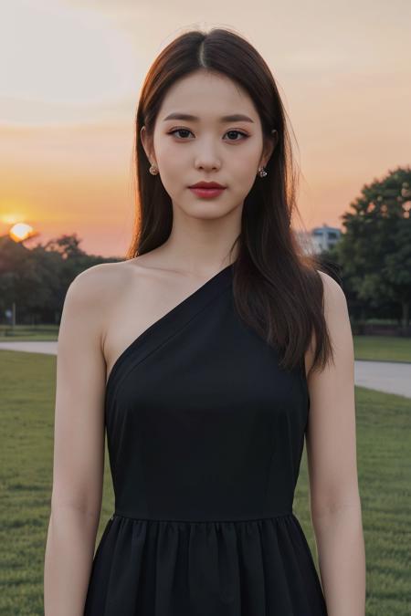 a woman, (photograph), masterpiece, (realistic), (hyperrealism), (photorealistic), (upper body:1.3), eye makeup:0.8, looking at the viewer, black dress, at the park, (sunset),  <lora:httpwony:0.45>