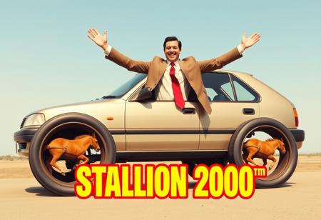 ,A photo from a silly advert showing a comically large car with huge hamster wheels attached to it instead of regular car tires, inside each of the car's hamster wheel there is a small real horse running inside each wheel, the car is towering over the cars salesman who is waving both arms wide open to attract attention, he is wearing a bland brown suit, red papillon tie, and has black hair, written in a bold White small font, underneath are the words "STALLION 2000™" in very large yellow fancy font with a thick red outline