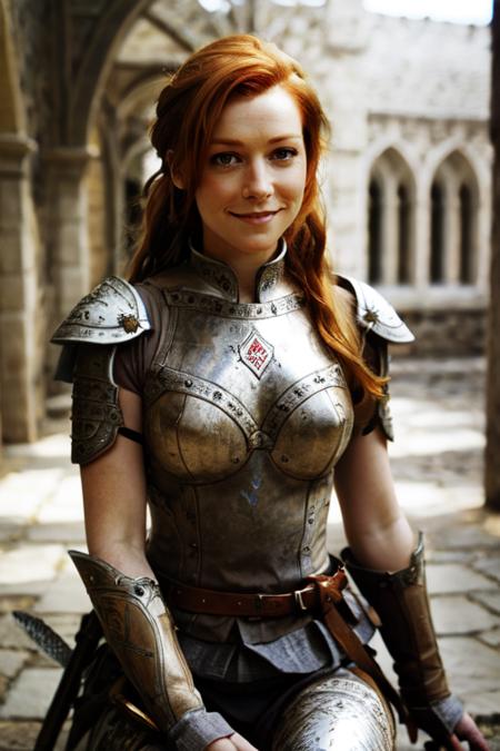 highly detailed front view photo, natural woman, high quality photo, perfect details and textures,  perfect composition, perfect lighting, <lora:xxalyhan-16:1> xxalyhan with a medieval armor and a sword,in the courtyard, redhead, hair tied in a high ponytail, perfect eyes <lora:more_details:0.5>