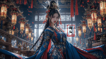 masterpiece, best quality, 8k, insane details, intricate details, hyperdetailed, hyper quality, high detail, ultra detailed, Masterpiece,
solo focus, 1girlsololooking at viewerred lipsclosed mouthmedium breasts Milky skin, (shiny skin:1.3)(upper body:1.0),
(blue chinese clothes:1.1), (blue dress:1.2)clothing cutoutlong sleeves(tassel earringshair ornamentnecklace:1.2), updohair bunbare shoulders, detached sleeves,
architecture, indoorseast asian architecturepetals, falling petals, lantern, <lora:updo_20230903192906:0.9>