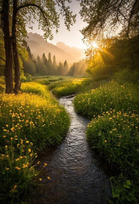 "In a magical realm where fantasy meets reality, capture a surreal landscape during the enchanting golden hour. Amidst a lush meadow filled with vibrant wildflowers of every hue, a small stream meanders gently, its waters shimmering in the soft light. Towering trees, their branches heavy with colorful foliage, stand sentinel over the river, creating a natural canopy. The air is filled with a gentle haze and mist, adding an ethereal quality to the scene. In the distance, majestic mountains rise, their peaks bathed in a golden glow as the setting sun paints the sky with warm hues. Utilize a shallow depth of field to emphasize the dreamlike beauty of the flowers in the foreground, drawing the viewer into this fantastical world. Capture the ray-tracing effect as the golden light pierces through the haze, creating magical beams that illuminate the landscape and highlight striking details. Emphasize the contrast between the vibrant colors of the meadow, the serene river, and the imposing presence of the mountains, all while showcasing the intricate textures and patterns created by the interplay of light and shadow. Immortalize this surreal moment, creating an image that transcends reality and invites the viewer to step into a fairy tale, where every detail tells a story of nature's wondrous beauty.