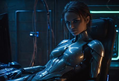 A beautiful female netrunner is connected to a computer. He's lying on a cybercrest. A body-hugging synthetic suit highlights a toned body, legs and chest. a dark room.  around, complex computers cast soft reflections on the surrounding room with their light. svtodiodes. light guides and their optical cables. neon illumination of instruments and indicators. unreal engine, wlop, trending artstation, RAW photo, 8k uhd, dslr, soft lighting, high quality, film grain, Fujifilm XT3