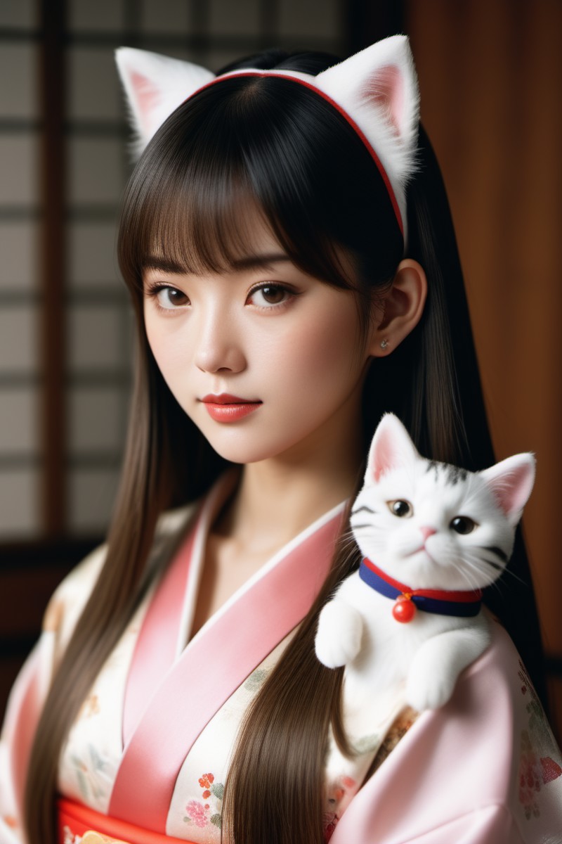 (Technical illustration:1.3) A photo of a girl, Home cut, fringe, straightened hair, long hair, bangs, Cat ears, kimono, A...