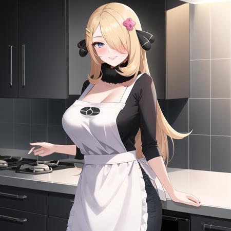 masterpiece, best quality, highly detailed, 1girl, solo, cynthia_pokemon,
one eye covered, hair over one eye, blonde hair, blue eyes, pink lips, hair ornament, fur collar, large breasts, seductive smile, long hair, grey eyes, black pants, blush,
kitchen, standing, cowboy shot, apron,
<lora:cynthia_pokemon-08:0.9>