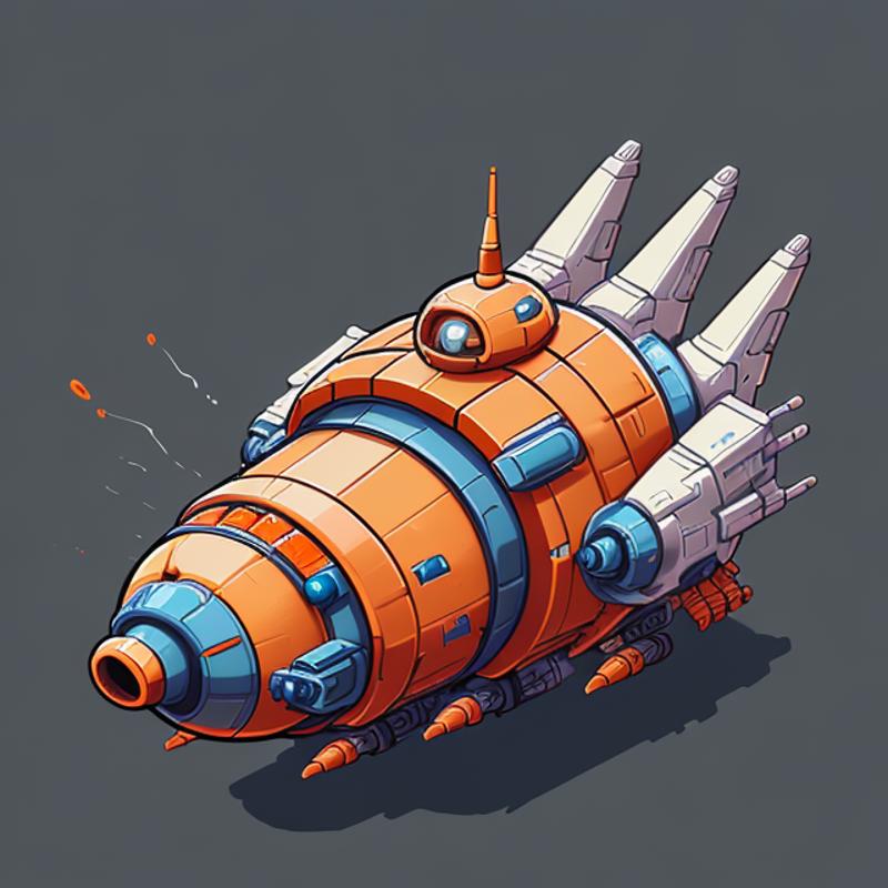 cute orange spaceship, tail fins, cannons, turbines <lora:CuteSpaceship:1>