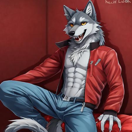 withLora(LORA-01ChipTheWolf)0.85, anime, solo,  orgasm smile, wolf teeth, detailed bedrom background, no humans, grey transparent claws, grey wolf nose, animal ears, standing,  red open jacket, no shirt, reveiling chest, open  tail, full body, male focus, wolf ears, wolf tail, furry, zipper, blue pants, furry male, sitting on bed, untidy bedroom, calm lighting, erect penis, hairy genital balls, wolf hands, hand on penis, masturbation, cum on chest, cum on bed, cum shot, dildo in ass, hand pushing dildo in ass, gay porn magazine on the bed, gay pride flag hanging on the wall, erect penis, erect wolf penis, erect non human penis, k9 penis shaft, cum drip, big genital balls