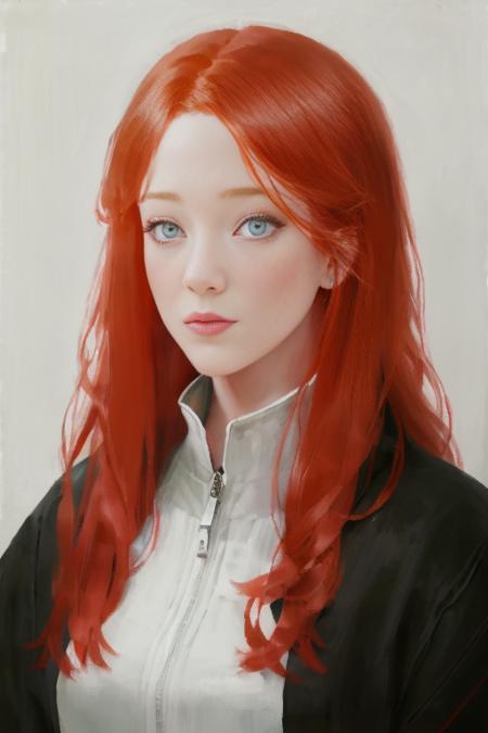 1girl,painting \(medium\),masterpiece, grey_eyes, red_hair, masterpiece,looking at viewer, best_quality,white background,  <lora:ruanjia-style-000004:0.8>