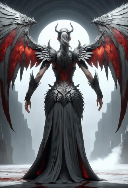 awesome quality, dynamic,DonMDr4g0nXL woman from behind,wings attached to back,skirt, (draconid:0.25) light gray lithic blood  <lora:myLora\DonMDr4g0nXL-v1.1rb:1>