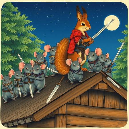 A warm summer night,  a one big squirrel dress like a samurai is a commander of a group of grey mice. All  are standing on the top of a wooden roof of a big wooden cabin in the middle of the forest.  All of them wear a medieval knight armors and hold steel swords. vivid colors, ukiyo-e  style