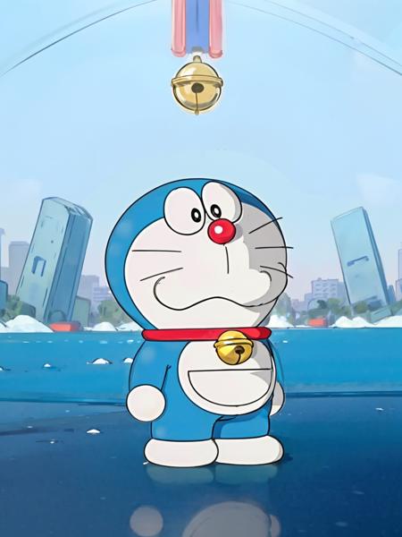 doraemon, solo,neck bell, jingle bell, whiskers, standing, collar, no humans, full body, male focus, looking at viewer, masterpiece, best quality, <lora:doraemon-5:1>