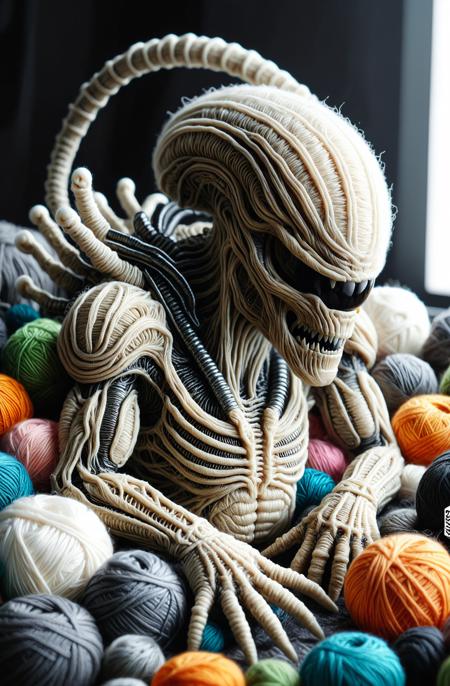 An improved cinematic 35mm photograph, shot on film, in 4k resolution with highly detailed, professional quality. This masterpiece features a close-up of a Xenomorph made from Yarn, its alien structure intricately designed in extreme detail. The entire hand, including the alien skin, is crafted entirely from yarn, giving it a tactile and surreal texture. The sharp claws and nails of the Xenomorph are made of smooth, reflective glass, catching the light in a polished, gleaming effect, contrasting with the yarn-based skin. The scene is captured with sharp focus, highlighting the deep textures of the yarn and the gleaming, glass claws. The composition is infused with the whimsical fusion of wool, glass, and metal in the yrnwrld <lora:Yarnworld:1> style, bringing this eerie, otherworldly hand to life in a striking, visually captivating way. The scene is enhanced with <lora:add-detail-xl:1> for added complexity and richness.