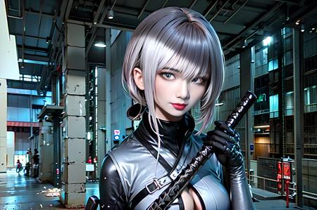 white hair, pretty face, large breasts, (beautifully detailed face:1.3), detailed beautiful eyes, (good anatomy:1.3), (ultra detailed:1.2), (1 beautiful female:1.2), ((detailed background)), (detailed shadows), (cyberpunk, dark fantasy), robot girl, dark street, ((industrial)), buildings, (holding katana:1.3), <lora:Nonoko:0.7>