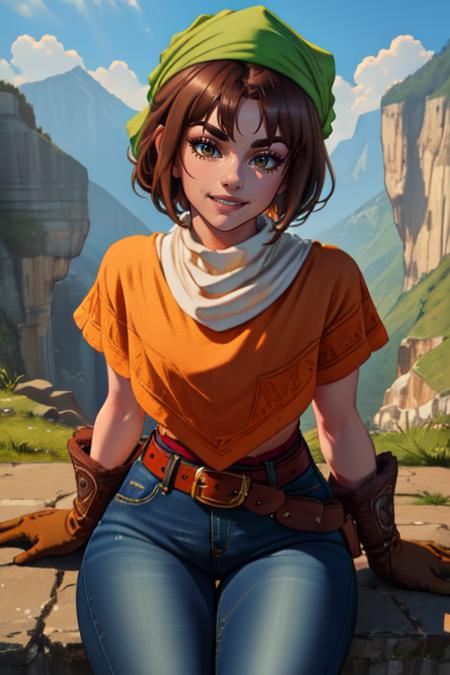 Toan,short brown hair,thick eyebrows,(Solo) upper body, smile, 
orange poncho, denim jeans, green bandana,  white feathers, crested brown gloves, brown boots, belt,  white turtleneck, 
small village, mountains,
sitting,  from above, 
(insanely detailed, beautiful detailed face, masterpiece, best quality) 
<lora:Toan-10v3:0.7>,