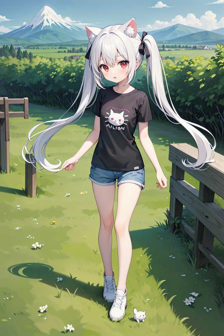 (((masterpiece))), best quality, illustration, 1girl with light white long hair, beautiful detailed red eyes, light white long straight hair, (cute), (petite), slim, solo, solo focus, standing, full body, cat ears, twintails, pure black t-shirt, shorts, sky, grass, mountains