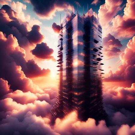 (cloudtowers style:1) a very tall building in the middle of some clouds <lora:djzCloudTowersV21:1>