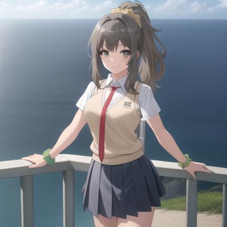 ((masterpiece)),(best quality),official art,extremely detailed CG,unity 8k wallpaper,ultra detailed,A lighthouse on a cliff by the sea,1girl,solo,cowboy shot,school_uniform,brown_hair,long_hair,scrunchie,looking_at_viewer,smile,pleated_skirt,hair_scrunchie,brown_eyes,white_shirt,hair_ornament,sweater_vest,red_necktie,high_ponytail,breasts,yellow_scrunchie,short_sleeves,white_socks,<lora:Futaba Rio(sby)>,