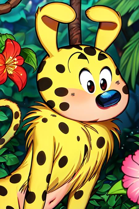 Marsupilamie, yellow fur, black dot, long tail