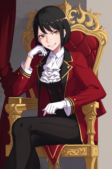 masterpiece, best quality,  <lora:VincentVollachiaV1-000090:0.9>, Vincent,   1girl, medium_breasts, white_gloves, standing, black_hair, brown_eyes, red_coat,  owboy_shot, black_pants,  palace, throne, sitting, evil_grin, shaded_face, femdom, short_hair