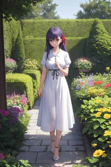 masterpiece, best quality, absurdres, SakuraHeavensFeel, long hair, hair ribbon, white dress, puffy short sleeves, black ribbon, standing, outdoors, garden, flowers, <lora:SakuraMatouV2:1>