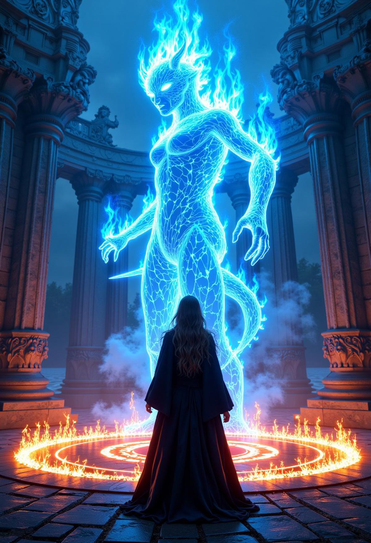 highly detailed, masterpiece, sorceress woman in a wizard robe, blue fire magic, High Fantasy style, a cinematic shot of a beautiful sorceress woman standing in front of a giant elemental made of fire, magical landscape, stone platform, spell circle, magic array, magic circle, reflective light, bosstyle, HD, masterpiece, best quality, hyper detailed, ultra detailed