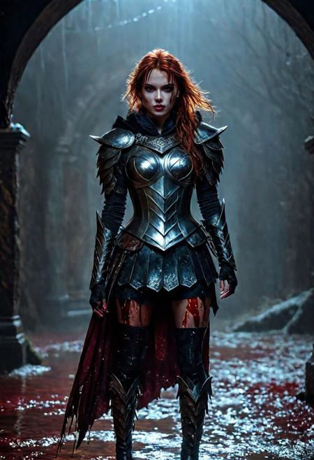 Ultra detailed digital art masterpiece Warrior vampire girl dressed in a iron Armor and winter coat, Standing on a bloody and stormy battlefield, standing in combat pose, dark fantasy medieval Town, perfect lighting, beautiful Sadie Sink as Warrior vampire girl, attractive woman, elegant, sinewy athletic body, unreal engine 5 nanite quality, mixed with dark elements, dark environment, very cold winter night, clean dark velour witch clothing, LOTR style, dark washed out eyeliner, no make up, natural pale bloody face, realistic blue eyes, ultra detailed atmospheric details, beautiful glowing effects, sparkle effects, realistic body proportions, beautiful face proportions, complex masterpiece, wavy red hair, creative glowing detailed tattoos, complex physics, enhanced colors, complimentary colors, ultra detailed raytracing reflections, Ultra detailed complex background, environment feels alive, direct eye contact, dramatic lighting, wet and sweaty skin, beautiful firm Breasts, Concept art portrait by Greg Rutkowski