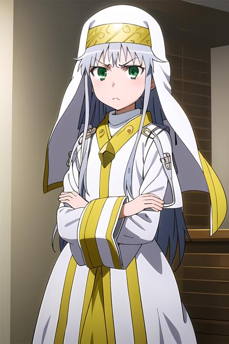 masterpiece, 1girl, index \(toaru majutsu no index\), cute, long dress, green eyes, silver hair, veil, standing, arms crossed, angry eyes, outside, pouting, bright, anime, highly detailed