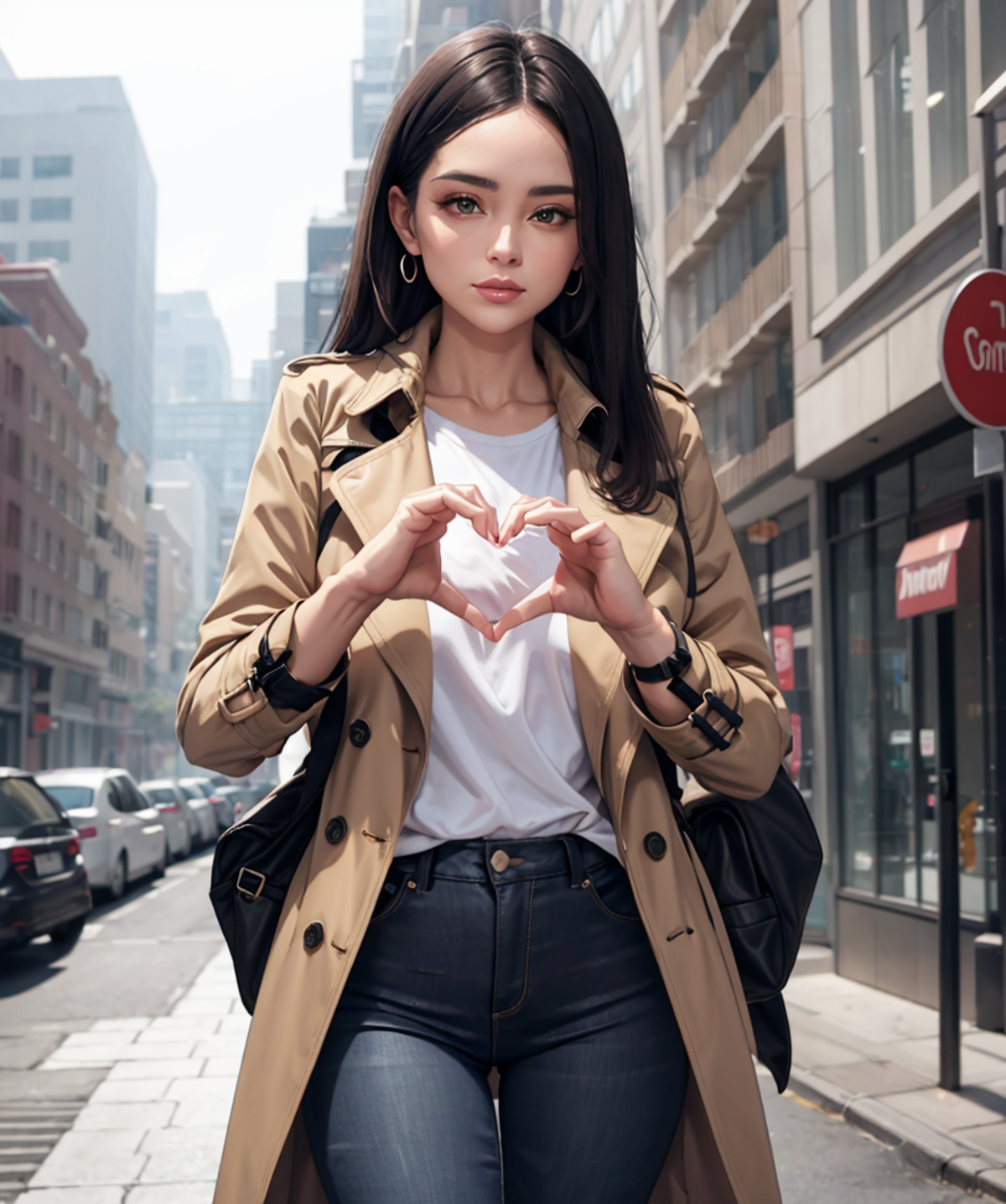 (heart hands, own hands together:1), mature female,  trench coat, Jeggings  <lora:heart-hands:0.9>