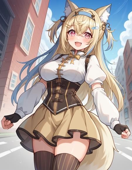 fuwawa abyssgard, animal ear fluff, animal ears, blonde hair, bandaid, bandaid hair ornament, pink eyes, dog ears, dog girl, dog tail, double-parted bangs, blue hairband, fake horns, fangs, hair between eyes, hairband, hairclip, horns, long hair, large breasts, multicolored hair, blue hair, streaked hair, two side up, crossed bangs, belt, black collar, black jacket, blue belt, brown thighhighs, center frills, cleavage, cleavage cutout, clothing cutout, collar, dress, detached collar, cutout above navel, frilled shirt collar, frilled sleeves, frills, fur-trimmed jacket, fur trim, jacket, long sleeves, spiked collar, spikes, white dress,