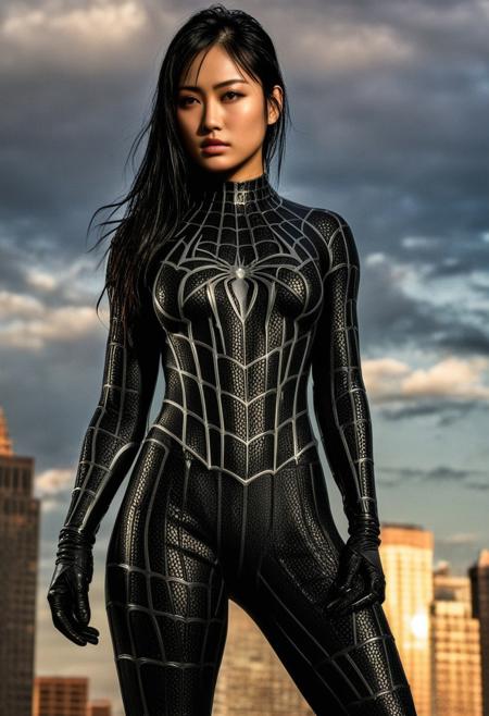 score_9, score_8_up, score_7_up, best quality, realistic, masterpiece, beautiful detail, hyperrealistic, afternoon sky, ((1girl, woman body, big breasts)), amazing detailed full body portrait of a beautiful japanese girl, wearing a realistic and highly detailed black raimi spider-man suit, ((huge muscular girl)), professional model wears ultra - detailed black raimi spider - man suit, ultra - detailed and grained black raimi spiderman suit, suit covered entire body and hand, black spiderman gloves, wet, (standing, serious face), (full body), (dirty skin), close up, octane render, highly detailed, volumetric, dramatic lighting, (highest quality:1.1), (HDR:1.3), (top quality, best quality), realistic, high definition,