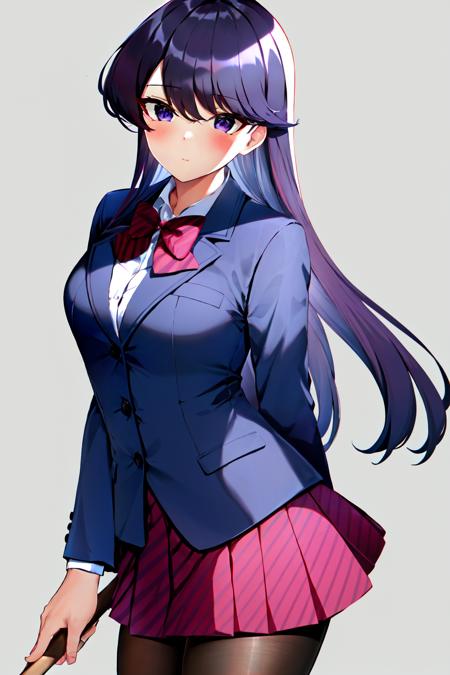 komi shouko, 1girl, bangs, black pantyhose, blazer, blue jacket, blush, bow, bowtie, breasts, closed mouth, collared shirt, commission, cowboy shot, diagonal-striped skirt, expressionless, grey background, highres, jacket, (komi-san wa komyushou desu), long hair, looking at viewer, medium breasts, pantyhose, pleated skirt, purple eyes, purple hair, red bow, red bowtie, red skirt, school uniform, shirt, skirt, solo, striped, striped bow, striped bowtie, striped skirt, swept bangs, white shirt

<lora:komi_shouko:0.7>