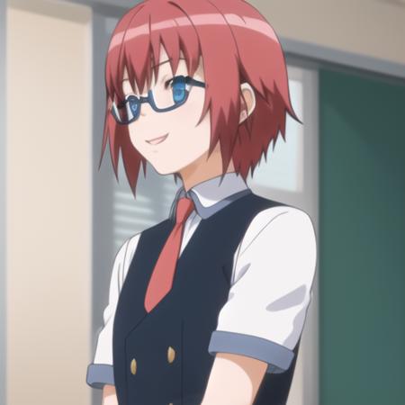 (masterpiece, best quality:1.2),illustration,8k,hd,1girl,solo,(full body:1.1),smile,short_hair,blue_eyes,school_uniform,red_hair,necktie,glasses,semi-rimless_eyewear,under-rim_eyewear,wristwatch,black_pants,black_vest,school_uniform,short_sleeves,<lora:Misaki Raika>,