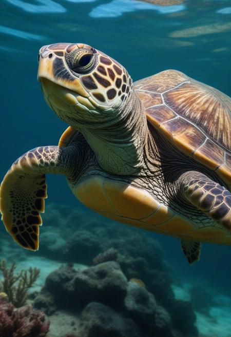 Create a ((wallpaper painting)) picture of one turtle underwater,  traditional finish, wallpaper style, vibrant beautiful colors, highly detailed, aesthetic, great lighting, extremely detailed,  award winning, perfect composition, a rich and complex image of nature, a vibrant tissue of hues and textures captured digitally, best quality, realistic, captivating, intricately detailed, hyper detailed, maximalist style, photorealist, sharp focus, dynamic lighting, superb composition, finest details, highest aesthetics, best quality, sharp focus, high contrast, stylized, clear, colorful, ultra quality, 8k, best quality, masterpiece,midjourneyv6.1, double exposure, g