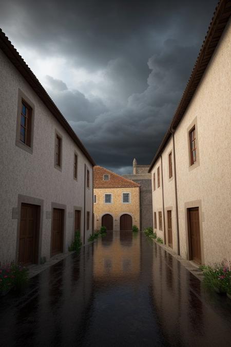 scenery, conceptart, A highly detailed portrait of a medieval village, during a rainstorm with a cloudy sky, masterpiece, best quality, intricate detail, absurdres, chromatic aberration, depth of field, soft lighting, tone mapped, highly detailed, artstation, concept art, smooth, sharp focus, dramatic lighting, highly detailed artwork, cinematic, trending on Artstation, 8K, incredible shadows, (highly detailed background:1.0)