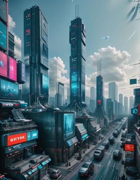 <lora:CW_03_lunis_sdv2:1> lunisdst. This photo captures a stunning futuristic urban streetscape dominated by colossal, floating skyscrapers that appear to defy gravity. These towering structures rise high into a partly cloudy sky, their reflections distorted and fragmented, suggesting advanced architectural or visual technology. At street level, a line of sleek, double-articulated futuristic buses moves down a broad avenue, alongside regular cars. The road is clean and highly structured, with clearly marked lanes and elevated walkways suggesting a city optimized for traffic flow and pedestrian integration. The buildings lining the street are covered in holographic advertisements, glowing neon signage, and large LED screens displaying tech-centric visuals and commercials. One prominent black building near the foreground stands out with bold red signage and luminous cyan digital displays. The overall ambiance is one of high-tech modernity blended with urban realism, evoking a cyberpunk aesthetic filled with movement, light, and towering innovation.