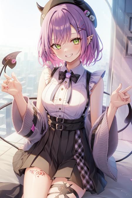 1girl, solo, towa_2, green eyes, multicolored hair, purple hair, pink hair, short hair,  black headwear, tail, demon tail, piercing, white shirt, cardigan, black skirt, off shoulder, X hair ornament, pleated skirt, high-waist skirt, frilled shirt, streaked hair, suspender skirt, horns, leg tattoo, cowboy shot, indoor, cafe, sitting, pointy ears, black bowtie, frilled sleeves,  smile, grin, <lora:Hololive_tokoyami_towa_V1.0:0.7>